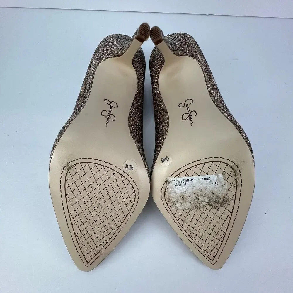 EUC Jessica Simpson Oravia 9 Shimmer Glitter Sparkle Gold Pump Heel Pointed Toe